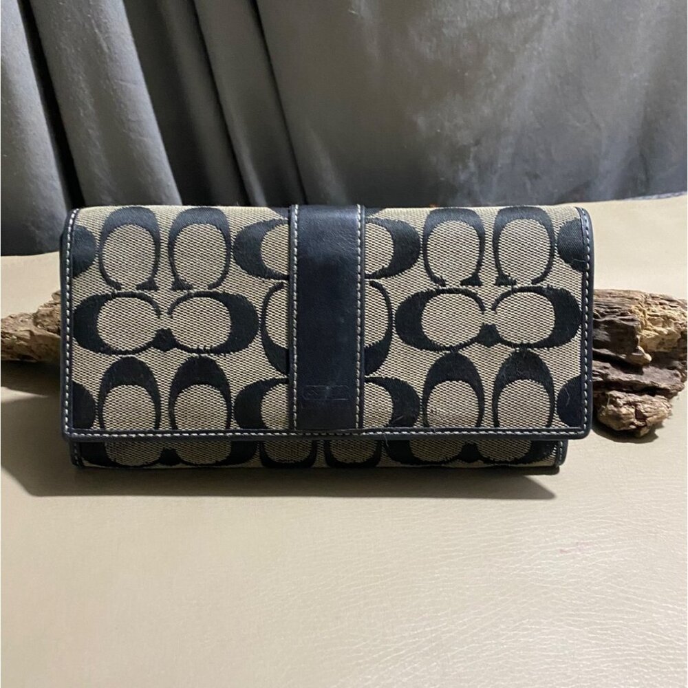 Coach Signature Canvas Leather Black Beige Clutch Wallet